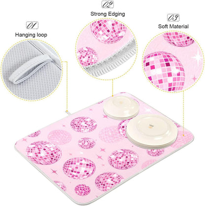 Disco Balls Pink Dish Drying Mat for Kitchen Counter Absorbent Microfiber Drying Pad, Medium 16x18 in, Reversible Drainer Mats