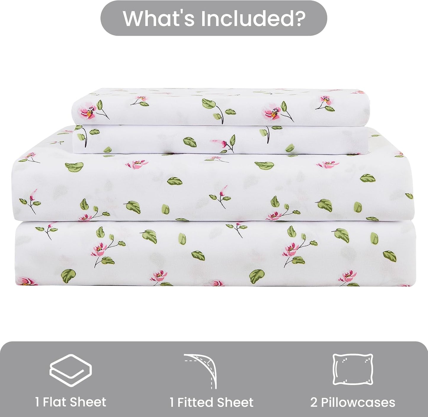 Mooreeke Queen Sheets Set - 4 Pieces Soft Breathable Microfiber Bed Sheet Set - Pink Flower Green Leaf Pattern Sheet Set - Deep Pocket Non-Slip Floral Printed Fitted Sheet Included for All Season