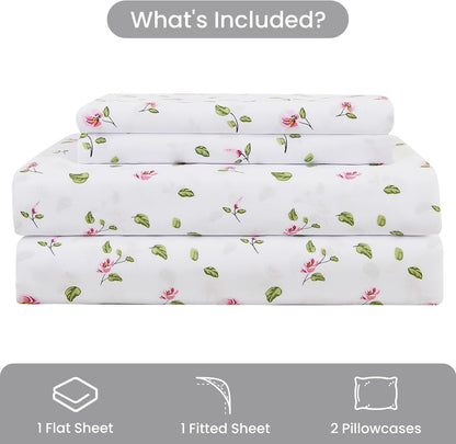 Mooreeke Queen Sheets Set - 4 Pieces Soft Breathable Microfiber Bed Sheet Set - Pink Flower Green Leaf Pattern Sheet Set - Deep Pocket Non-Slip Floral Printed Fitted Sheet Included for All Season