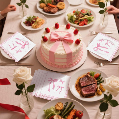 Pack of 50, Pink Ribbon Bow Napkins, Watercolor Bow Design Disposable Paper Napkins for Wedding, Birthday, Bachelorette, Baby Shower, Tea Party, Girls Coquette-Style Supplies, 13x13 Inches Unfolded