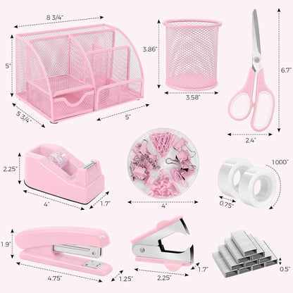 SKYDUE Pink Desk Accessories, Pink Office Supplies Set, Mesh Desk Organizer, Stapler, Tape Dispenser, Scissors, Binder/Paper Clips and 1000pcs Staples,Desk Organizer for Women