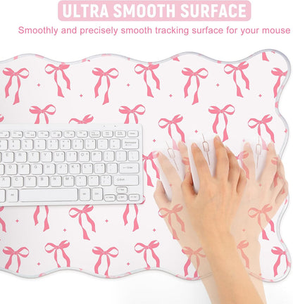Hahafelt Pink Bow Desk Mat Large Pink Mouse Pad Bow Scalloped Desk Mat 31.5" x 15.7" Non-Slip Rubber Waterproof Coquette Keyboard Mouse Pad for Women Office Home Dorm Desktop Computer Cover(Classic)