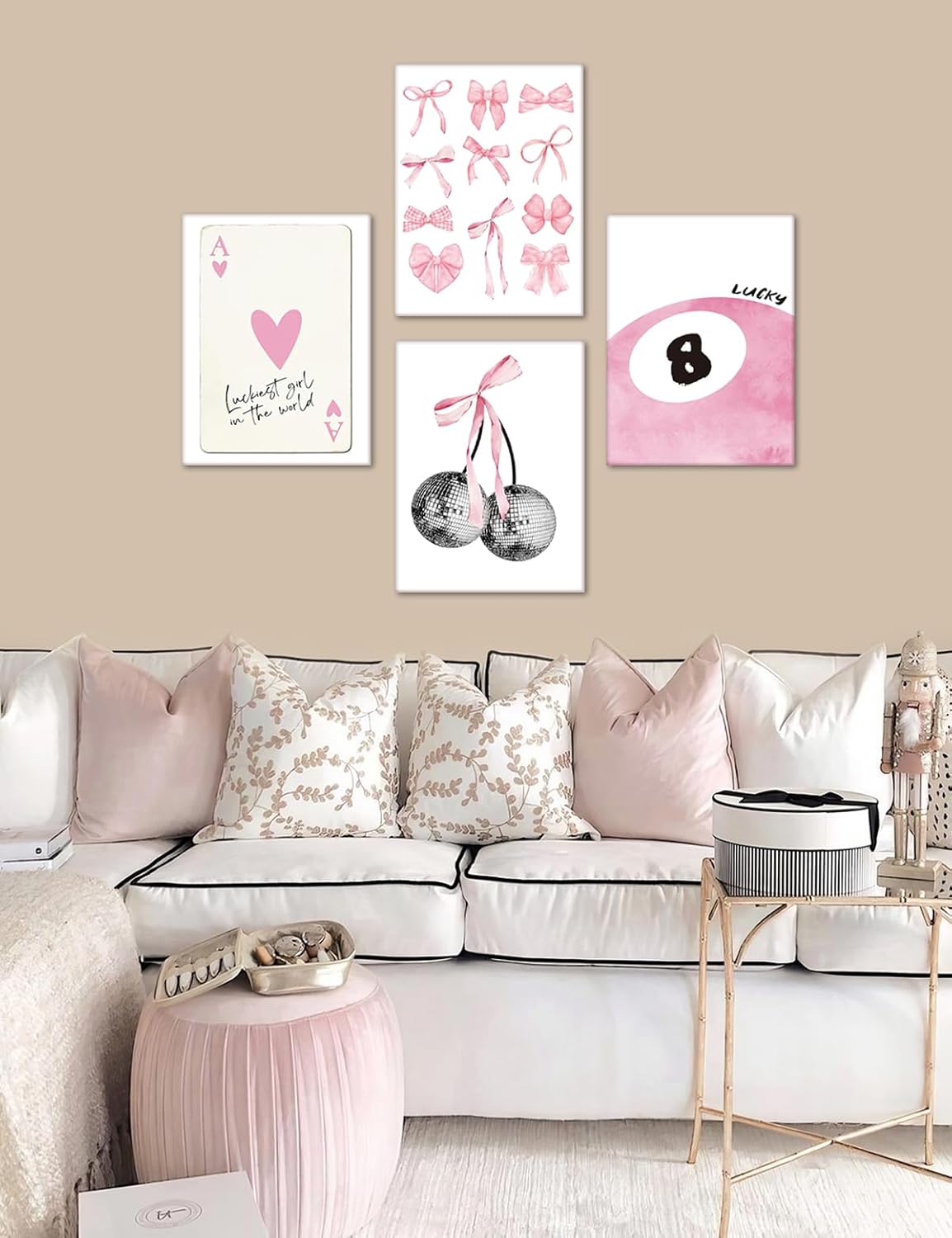 Trendy Pink Wall Art Set of 4, Coquette Preppy Wall Decor, Pink Bows Cherry Room Decor Aesthetic Cute Girly Lucky 8 Ball Canvas Posters Prints for College Apartment Dorm Bedroom 8x10 Inch Unframed