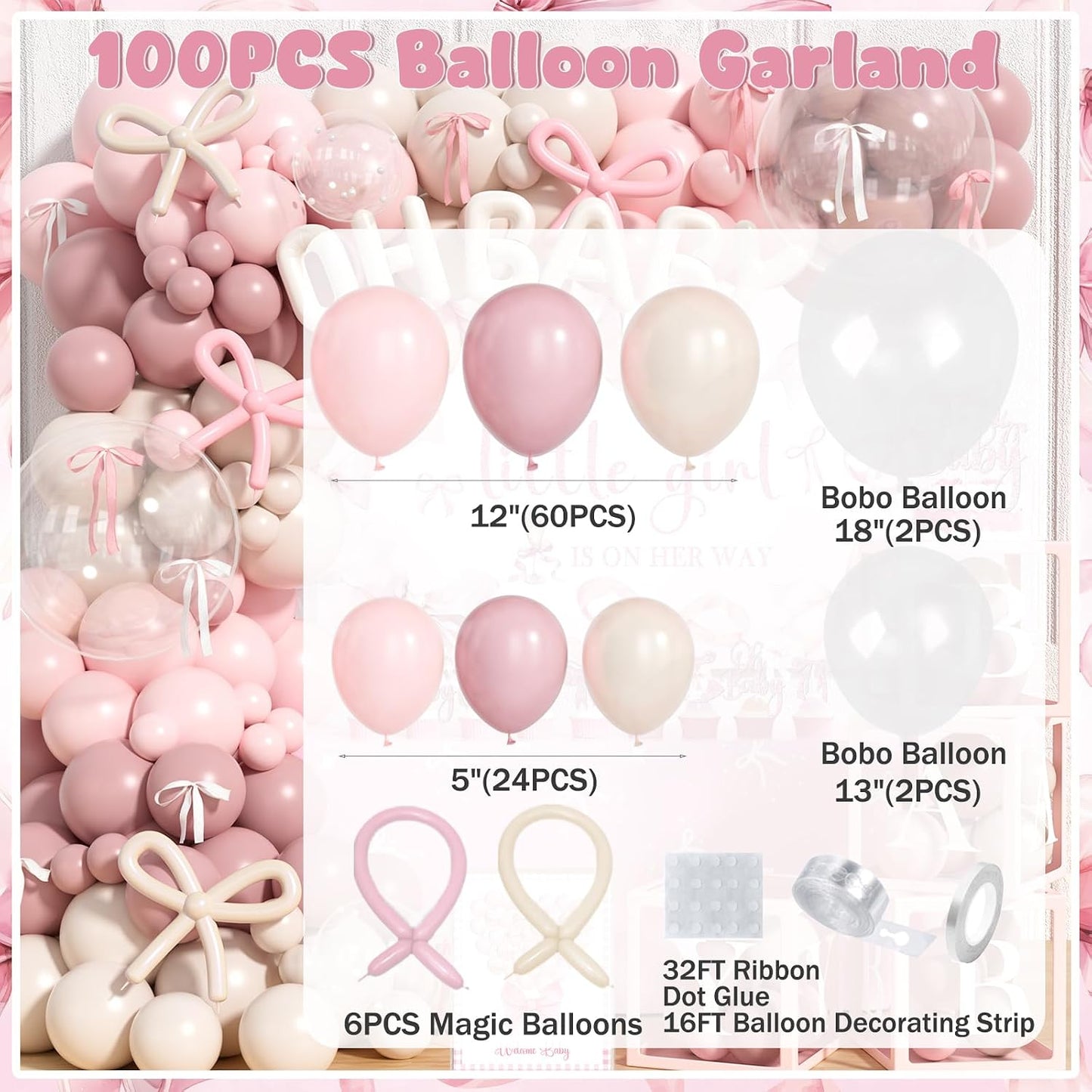 Costova Pink Bow Baby Shower Decorations Kit – 144 Pcs Complete Coquette Baby Shower Party Supplies for Girl Pink Bow Themed Party Décor