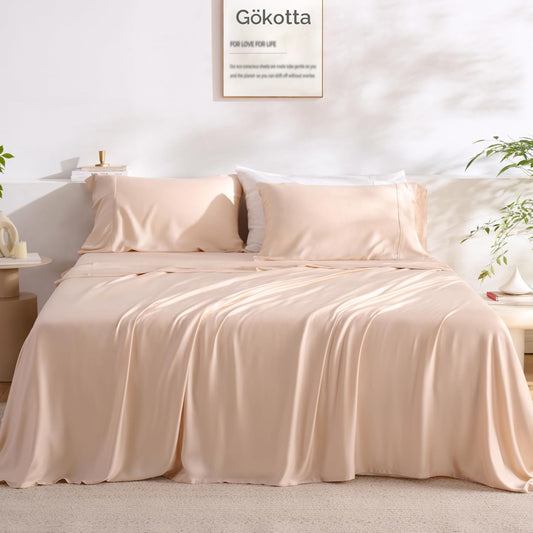 GOKOTTA 4-Pcs King Size Sheets Set, 100% Rayon Derived from Bamboo, 16 Inch Deep Pocket King Sheets with Elastic Corner Straps, Cooling Sheets for Hot Sleepers - Silky Soft & Breathable - Creamy Peach