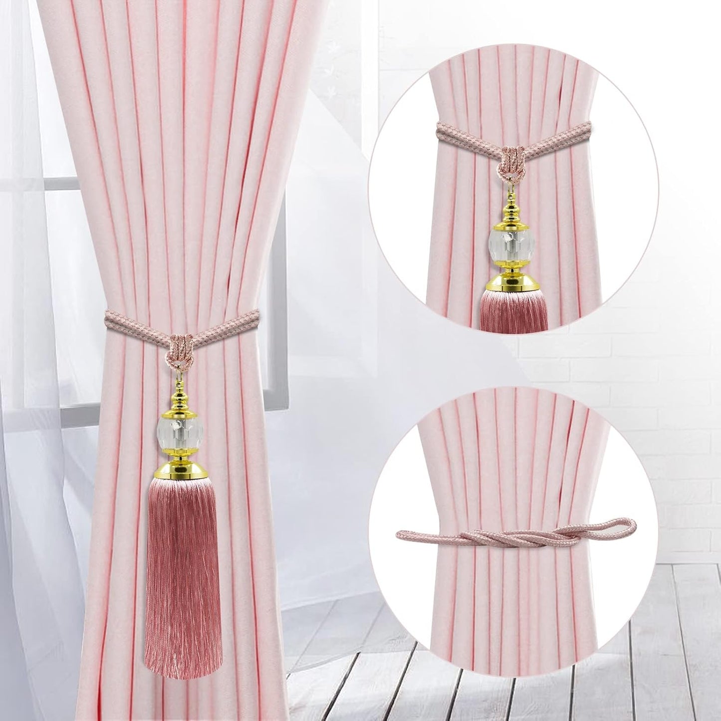Tassel Curtain Tiebacks Handmade Rope Tie Backs Tassels for Curtains Pink Crystal Drapery Tieback Holdbacks Decorative Curtain Ties Farmhouse Drape Holders Window Treatment 2 Pack