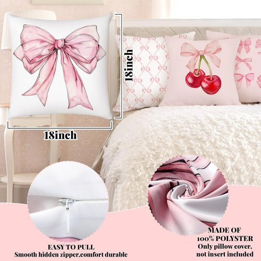 Mixweer 4 Pcs 18 x 18'' Coquette Pillow Covers Pink Bow Pillow Covers Watercolor Aesthetic Room Decoration for Bedroom Livingroom Bedroom Decor