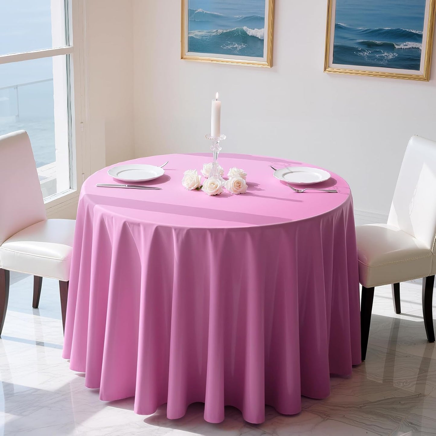 Just Shimmer 4 Pieces Pink Series Round Tablecloth, 84" Solid Color Waterproof & Spillproof Disposable Plastic Table Cover, Durable Party Tablecloth for Dining, Buffet, Picnic, Outdoor Events