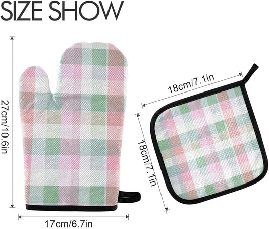 Light Pink Green Plaid Oven Mitts and Pot Holders Set for Cooking Baking Kitchen Decor