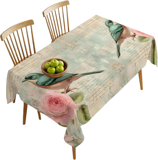 Pink Rose Farmhouse Bird Rectangle Tablecloth 60x120 Inches,Vintage Newspaper Texture Waterproof Oil-Proof Table Cloth Table Cover for Dinner,Picnic,Indoor/Outdoor Party