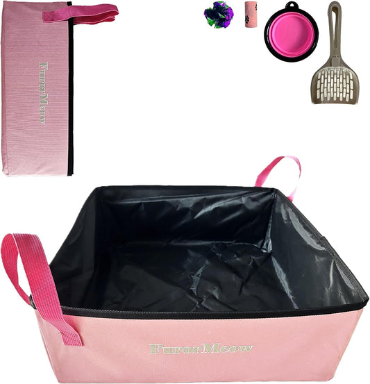 Portable Cat Litter Box, Firm Waterproof Foldable for Travelling for Cats, Including Crinkle Ball, Poop Bags, Foldable Bowl and Scoop, 16.5x16.5x6.3 inches (Pink)