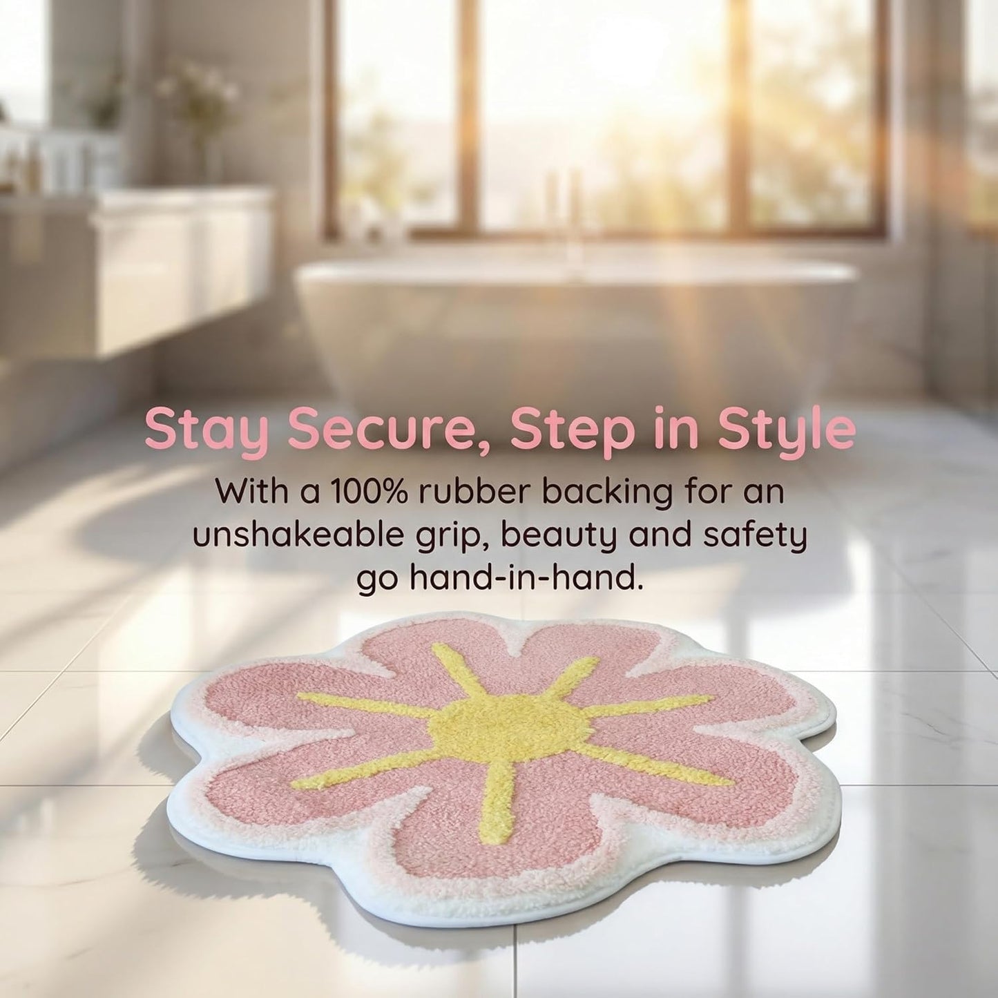Cute Flower Shaped Bath Mat, Non-Slip TPR Backing Ultra Soft Microfiber Bathroom Rug, Machine Washable Absorbent Bath Rug for Tub Shower Sink Bedroom Dorm Restroom Toilet(24x24 Inch)