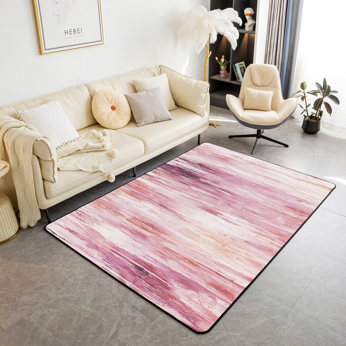 Erosebridal Abstract Brush Stroke Living Room Rugs Non Slip 6'6" X 4'11" Pink Artistic Striped Area Rug Modern Minimalist Oil Painting Style Decorative Carpetss Geometric Aesthetic Indoor Floor Mat