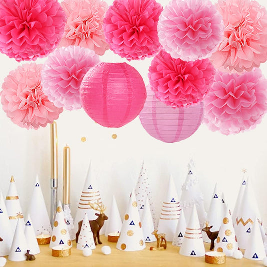 Hot Pink Paper Flowers Tissue Pom Poms Honeycomb Lanterns 15pcs Party Decorations for Birthday Bachelorette Women Girls Night Baby Shower Bridal Wedding Valentine Hanging Supplies Mprocherify