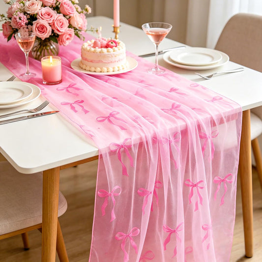 FYSUIMU Pink Bow Gauze Table Runner Coquette Bowknot Decorative Tulle Table Runner Sheer Fabric for Wedding Engagement Bridal Shower Party Coffee Tables Kitchen, 28 x 120 Inch