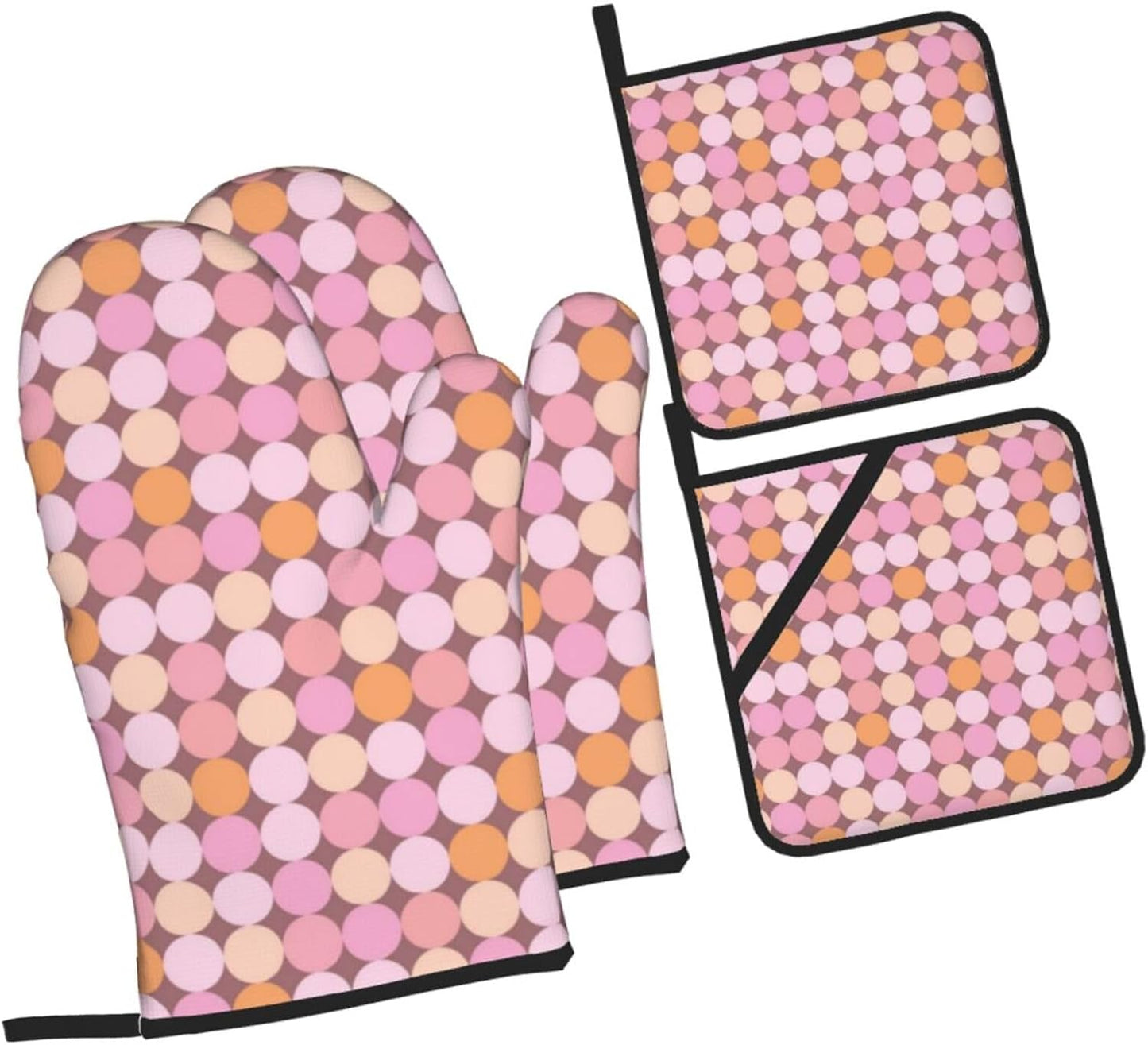 4 Pieces Oven Mitt and Pot Holder Sets, Pink and Orange Polka Dots Oven Mitts Set Heat Resistant Baking Gloves Kitchen Microwave for Cooking, BBQ
