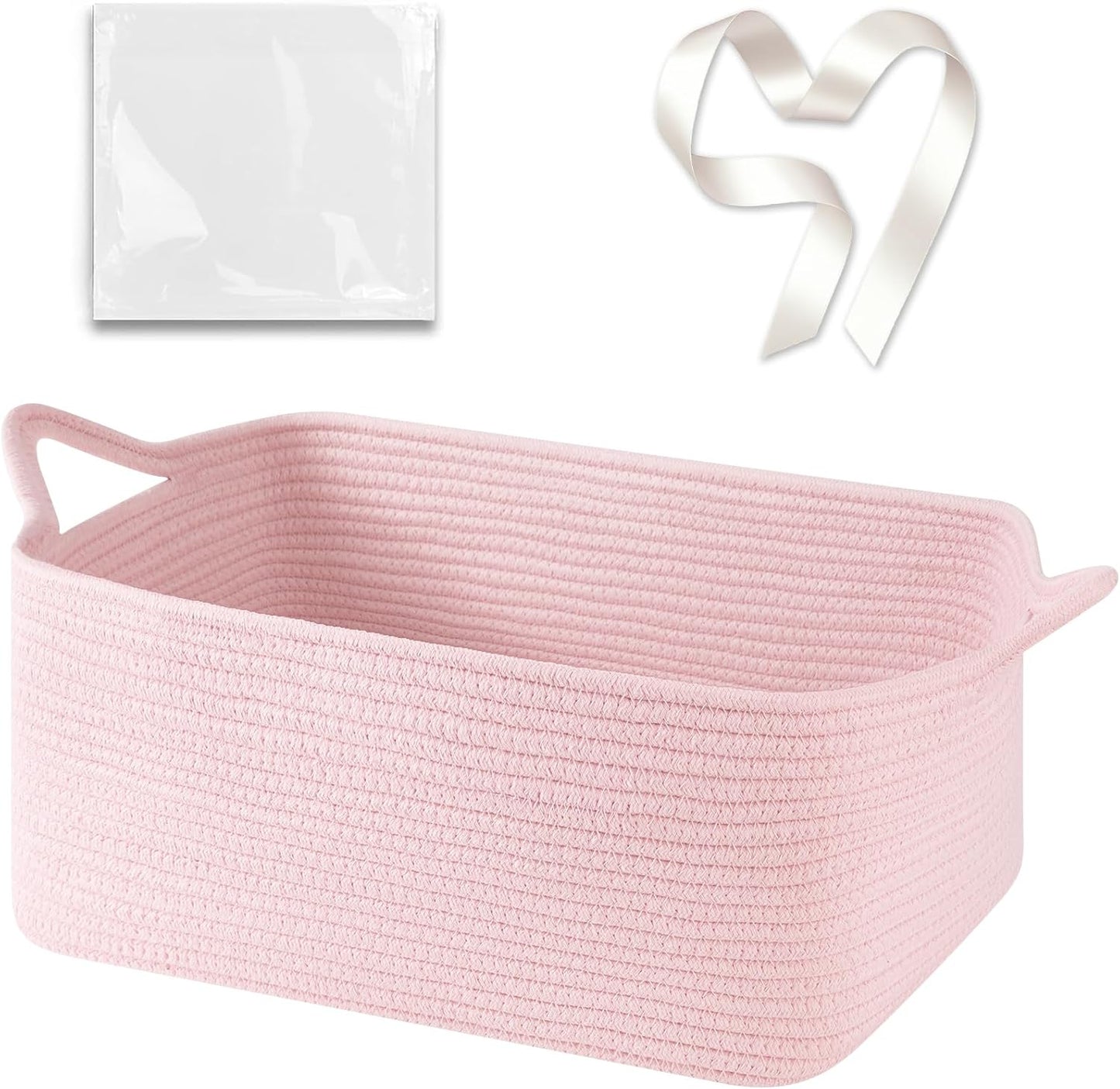 OIASKET Large Empty Gift Baskets for Baby Shower, 16.5" L x 12.6" W x 7" H Cute Woven Storage Basket with Gift Bags and Ribbons, Small Rope Toy Basket with Handles, Cat Dog Pet Toy Organizer - Pink