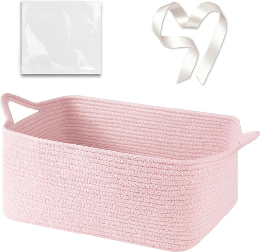 OIASKET Large Empty Gift Baskets for Baby Shower, 16.5" L x 12.6" W x 7" H Cute Woven Storage Basket with Gift Bags and Ribbons, Small Rope Toy Basket with Handles, Cat Dog Pet Toy Organizer - Pink