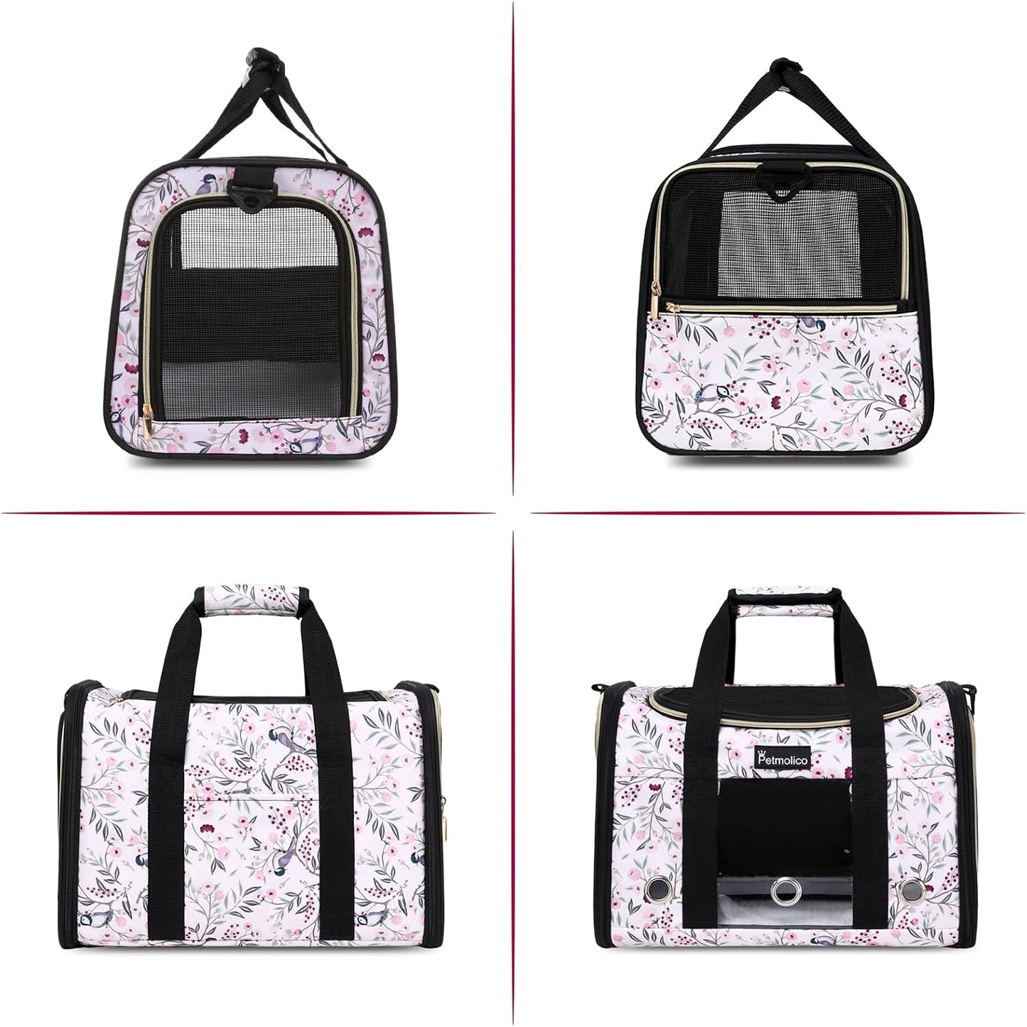 Petmolico Cat Carrier Soft-Sided Pet Bag for Small Medium Cats Puppies 16LBs - Airline Approved Pet Travel Carrier 3 Open Doors (Medium,Mixed Pink)