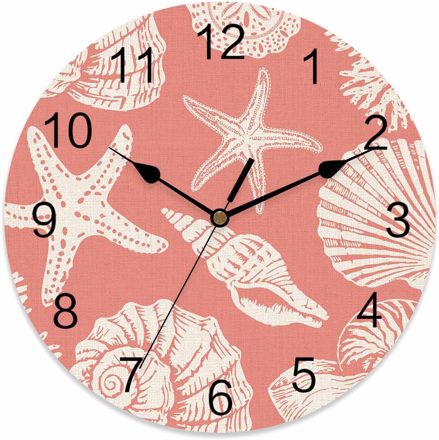 Ocean Coastal Wall Clocks Battery Operated Shells Starfish Conch Coral Red Linen Large Wall Clock for Bedroom Kitchen Living Room Bathroom Decorative 10"x10"