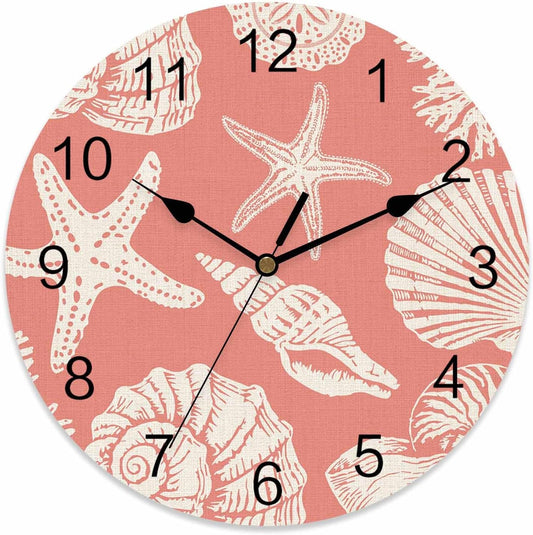 Ocean Coastal Wall Clocks Battery Operated Shells Starfish Conch Coral Red Linen Large Wall Clock for Bedroom Kitchen Living Room Bathroom Decorative 10"x10"