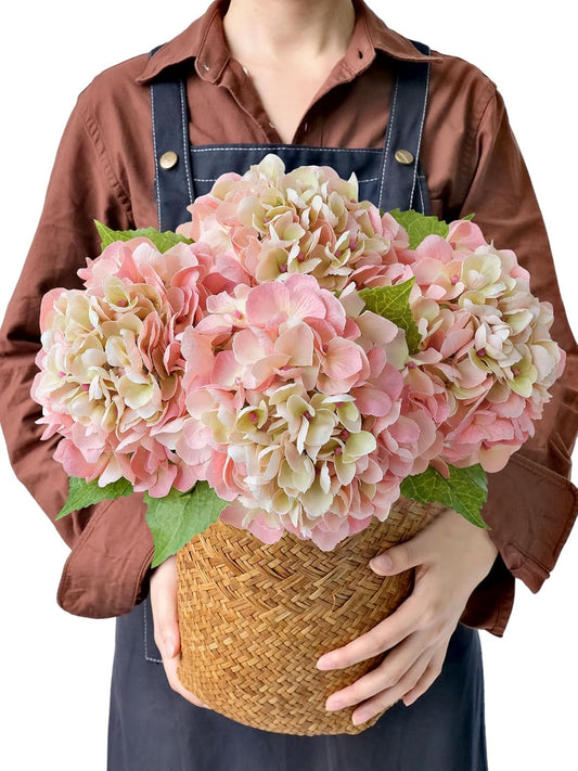 JINWOE 4PCS Lifelike Real Touch Artificial Hydrangeas, 21" Pink Hydrangea Artificial Flowers for Decoration, Faux Vintage Silk Fake Flowers for Bouquet Wedding Centerpieces Tables Party Outdoor Home