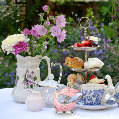 Flylin Metal Swan Base Holder: 6pcs Organizer Set with Ice Cream Spoons, Teaspoons, Dessert Spoon + Spoon Holder (Pink)