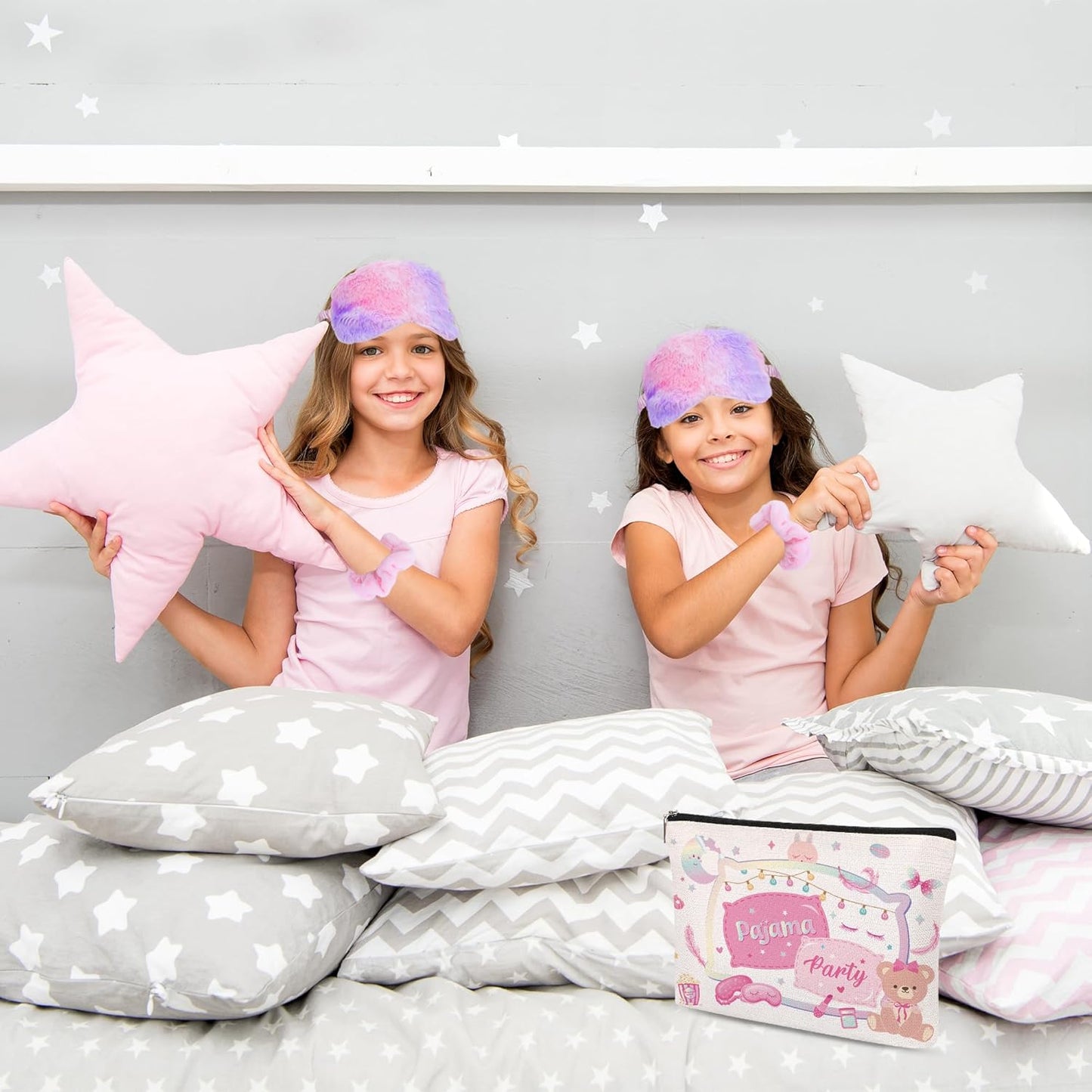 12 Pcs Slumber Party Supplies for Girls, Sleepover Party Supplies Includes 4 Pink Plush Eye Masks, 4 Hair Bands and 4 Double-Sided Printed Makeup Bags for Spa Birthday Party, Pajama Favors