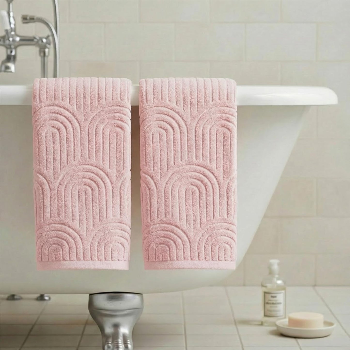 Artoid Mode 2 Pcs Pink 3D Arched Stripes Jacquard Hand Towels for Bathroom, 100% Cotton Soft Absorbent Bathroom Decor Towels, 13.7 x 29.5 Inch