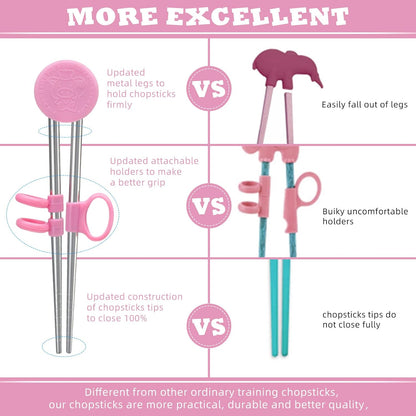 Patelai 2 Pairs Training Chopsticks for Kids, Learning Practice Chopsticks for Toddler Children Beginners Baby Non-slip Silicone Reusable Stainless Steel Metal Helper Tool(Pink)
