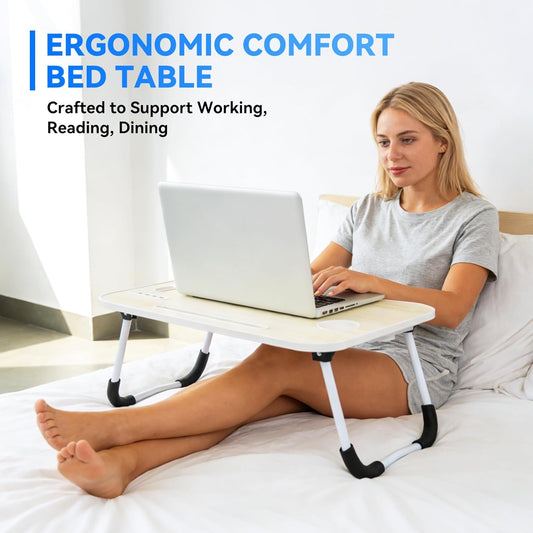 23.6 in Laptop Lap Desk, Foldable Laptop Table Tray with 4 USB Ports, 1 USB Charging Cable, Storage Drawer, Cup Holder, Bed Desk Stand Lap Tray Portable Standing Table for Bed Couch Floor