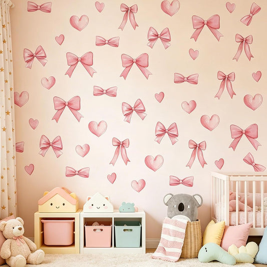 Arawat 48pcs Pink Coquette Bow Room Decor for Bedroom Bowtie Wall Stickers for Bathroom Pink Bow Room and Wall Decor Heart Decoration Vinyl Peel and Stick Room Decoration for Bedroom