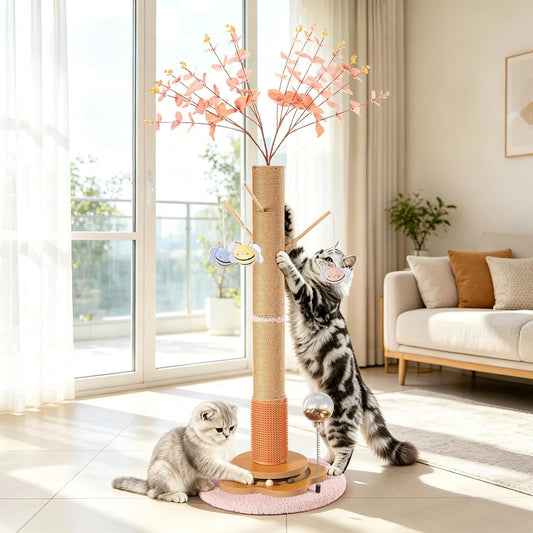 45" Tall Cat Scratching Post with Grooming Brush, Track Ball, Spring Feeder & 3 Bee Toys, Sisal Rope Large Cat Scratcher Tree with Leaves for Indoor Cats, Pink