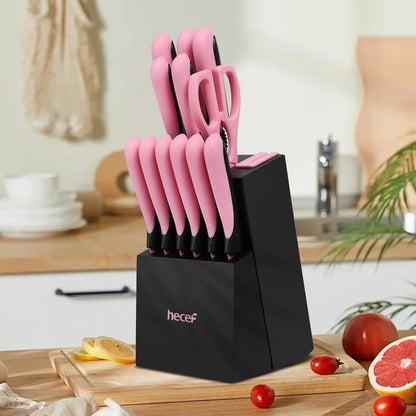 hecef 13 Pieces Kitchen Knife Set with Built-in Sharpening Wooden Block, Dishwasher Safe, High Carbon Stainless Steel Knife Block Set with Steak Knives, Kitchen Scissors, Pink