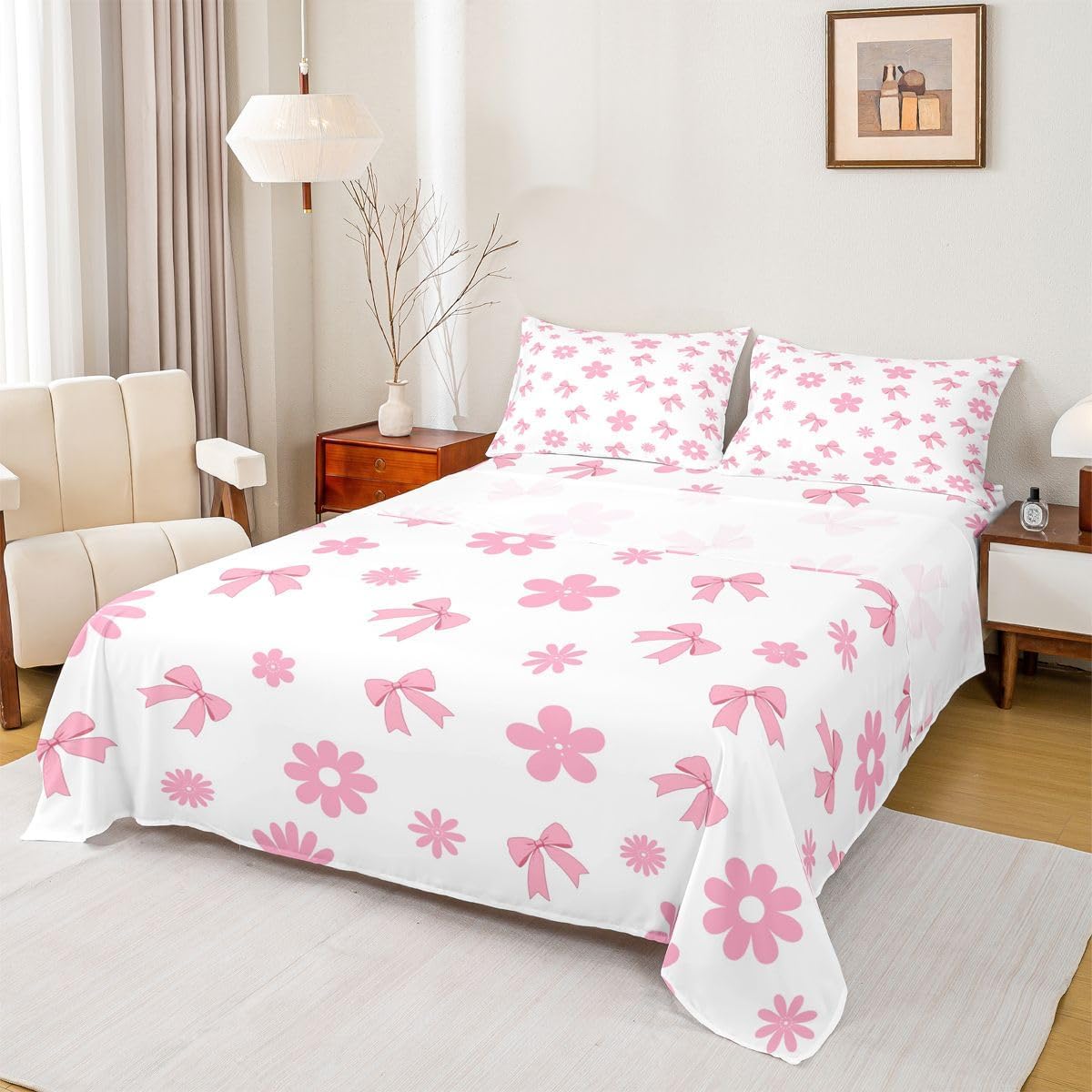 Feelyou Cute Bow Bed Sheets Sets Queen Size Kids Boys Girls Kawaii Flower Floral Bedding Set Pink Bed Sheet Set with 16-Inch Deep Pockets 4Pcs with 2 Pillow Cases