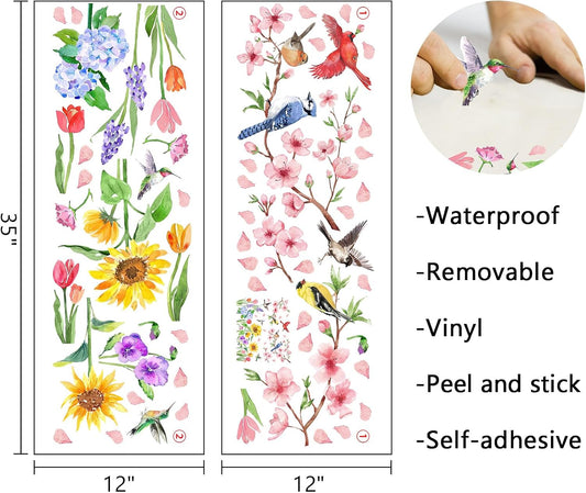 Mfault Spring Summer Floral Birds Wall Decals Stickers, Watercolor Peach Blossom Flower Sunflower Tulip Decorations Bedroom Art, Cardinal Bluebird Hummingbird Goldfinch Home Living Room Kitchen Decor