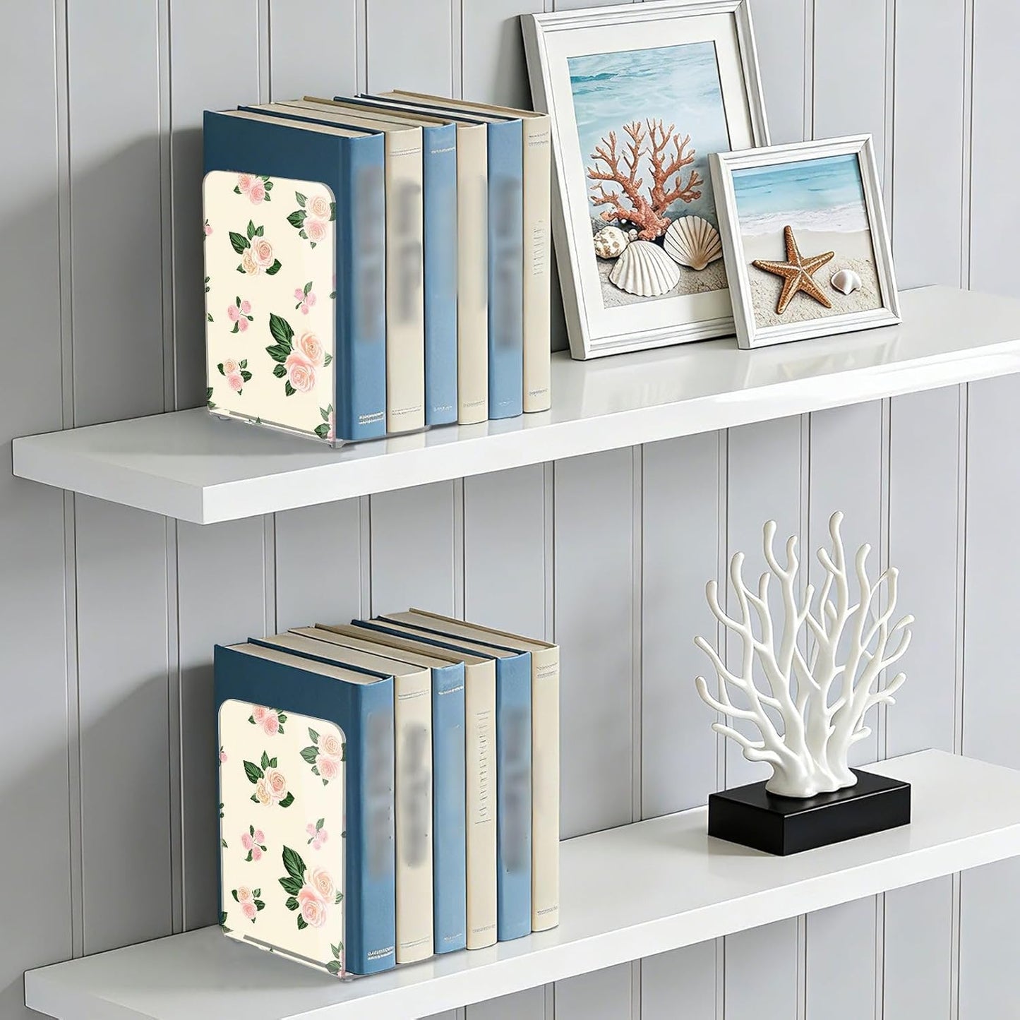 Light Pink Flowers Acrylic Bookends Book Holder for Shelves 5.4 x 4.1 x 8.1 Inch Height Sturdy Bookends Magazine Holder for Home Office Desk Storage 2 Pack