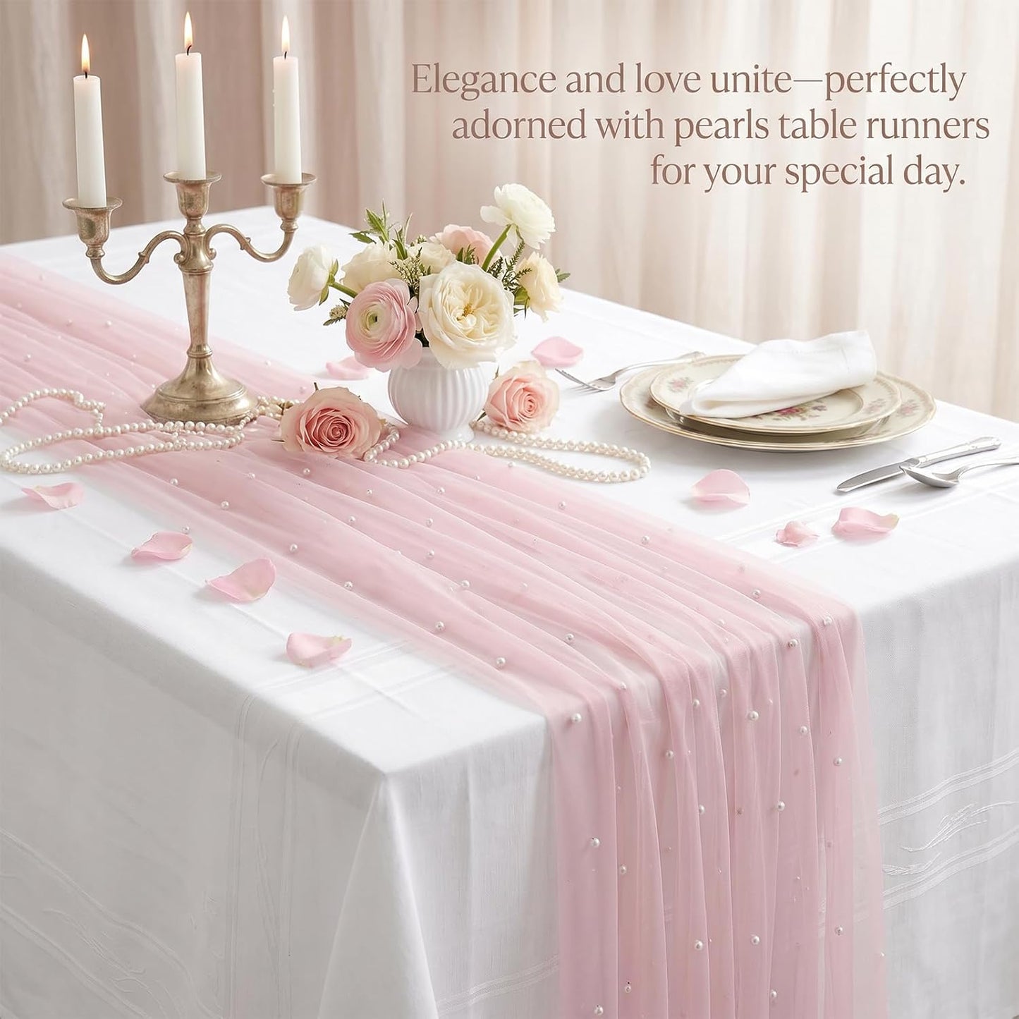 Pink Pearl Table Runner, 30x120 Inch Tulle Fabric Lace Table Runner, Boho Romantic Table-Runners with Pearls, Gauze Table-Runners for Bridal Shower, Birthday Party, Wedding, Dining and Baby Shower