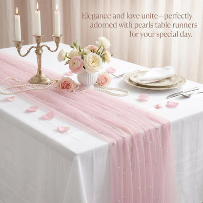 Pink Pearl Table Runner, 30x120 Inch Tulle Fabric Lace Table Runner, Boho Romantic Table-Runners with Pearls, Gauze Table-Runners for Bridal Shower, Birthday Party, Wedding, Dining and Baby Shower