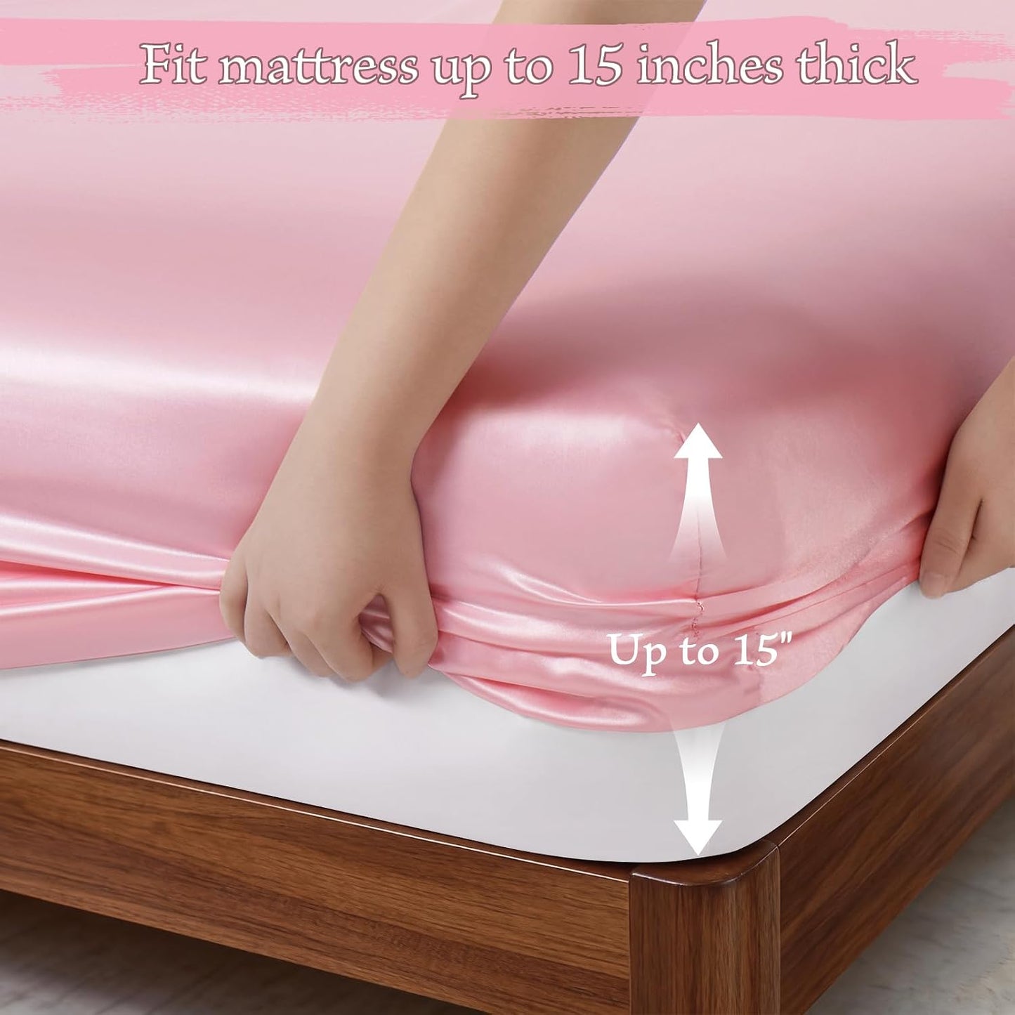 P Pothuiny 3-Piece Set Pintuck Satin Pillowcases & Queen Fitted Sheet, Blush Pink Satin Sheet Silky Soft Luxury Romantic Pinch Pleated Bedding Bedroom Dorm Decor, 15 Inch Deep Pocket