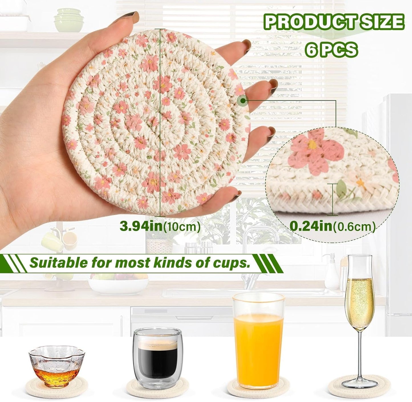 Light Pink Small Flowers Absorbent Table Coasters with Holder Set of 6 for Desk Coasters Kitchen Decor