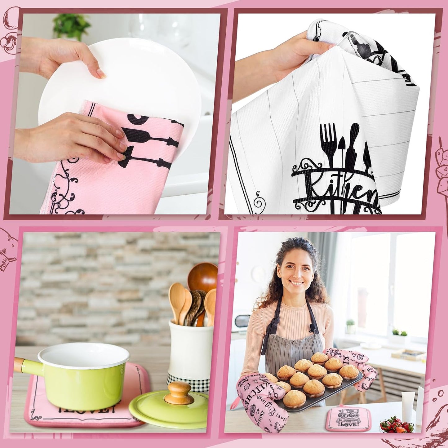 Fourluoo 10 Pcs Funny Pink Kitchen Decor Set 4 This Kitchen is Seasoned with Love Dish Towel 2 Pot Holders with Sayings 2 Oven Mitts Glove Rustic Non Slip Rug and Mat for Home Decoration Mom Gift