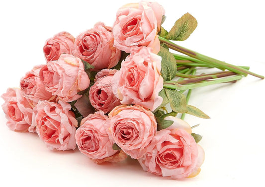 PONKING Rose Artificial Flower 12pcs Realistic Faux Silk Roses Fake Flowers Bouquets Arrangements Decor for Wedding Spring Mother's Day, Home Table Decorations, Pink Flower