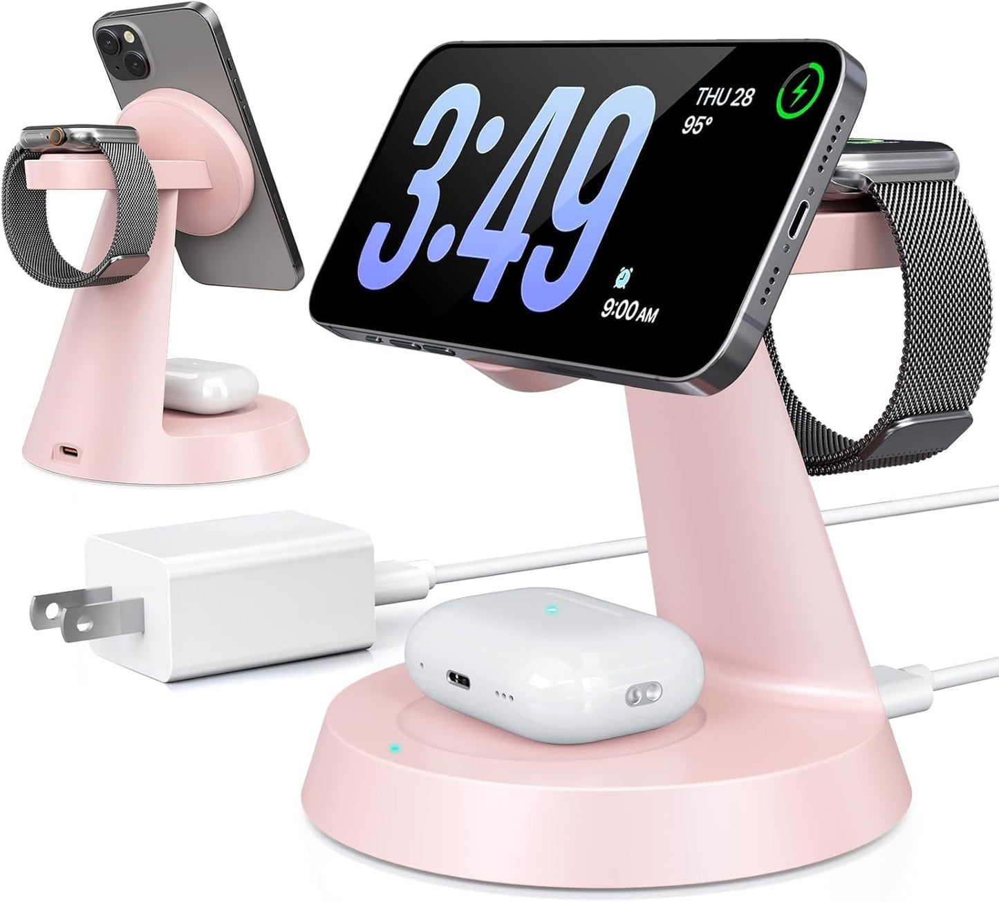 Charging Station 3 in 1 Wireless Charger for Apple Devices, 15W MagSafe Stand Compatible with iPhone 17 16 15 14 13 12 Pro Max Plus, Charging Dock for AirPods 4 3 2 & iWatch Series (Pink)