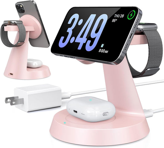Charging Station 3 in 1 Wireless Charger for Apple Devices, 15W MagSafe Stand Compatible with iPhone 17 16 15 14 13 12 Pro Max Plus, Charging Dock for AirPods 4 3 2 & iWatch Series (Pink)