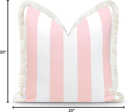 Hofdeco Premium Coastal Patio Indoor Outdoor Pillow Cover Only, 20"x20" Water Repellent for Backyard, Couch, Blush Pink Stripe Fringe