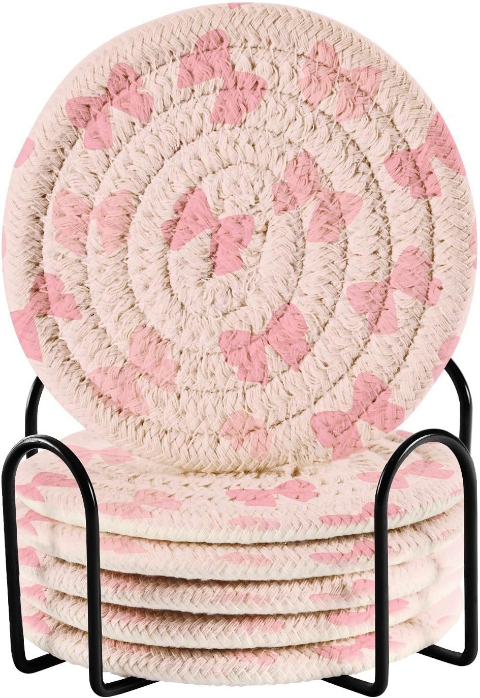 6 Pcs Drink Coasters Cute Light Pink Bow Woven Coasters Set Drinks Coasters with Holder