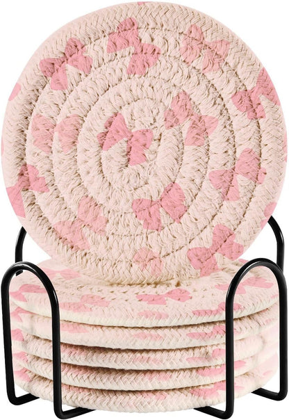 6 Pcs Drink Coasters Cute Light Pink Bow Woven Coasters Set Drinks Coasters with Holder