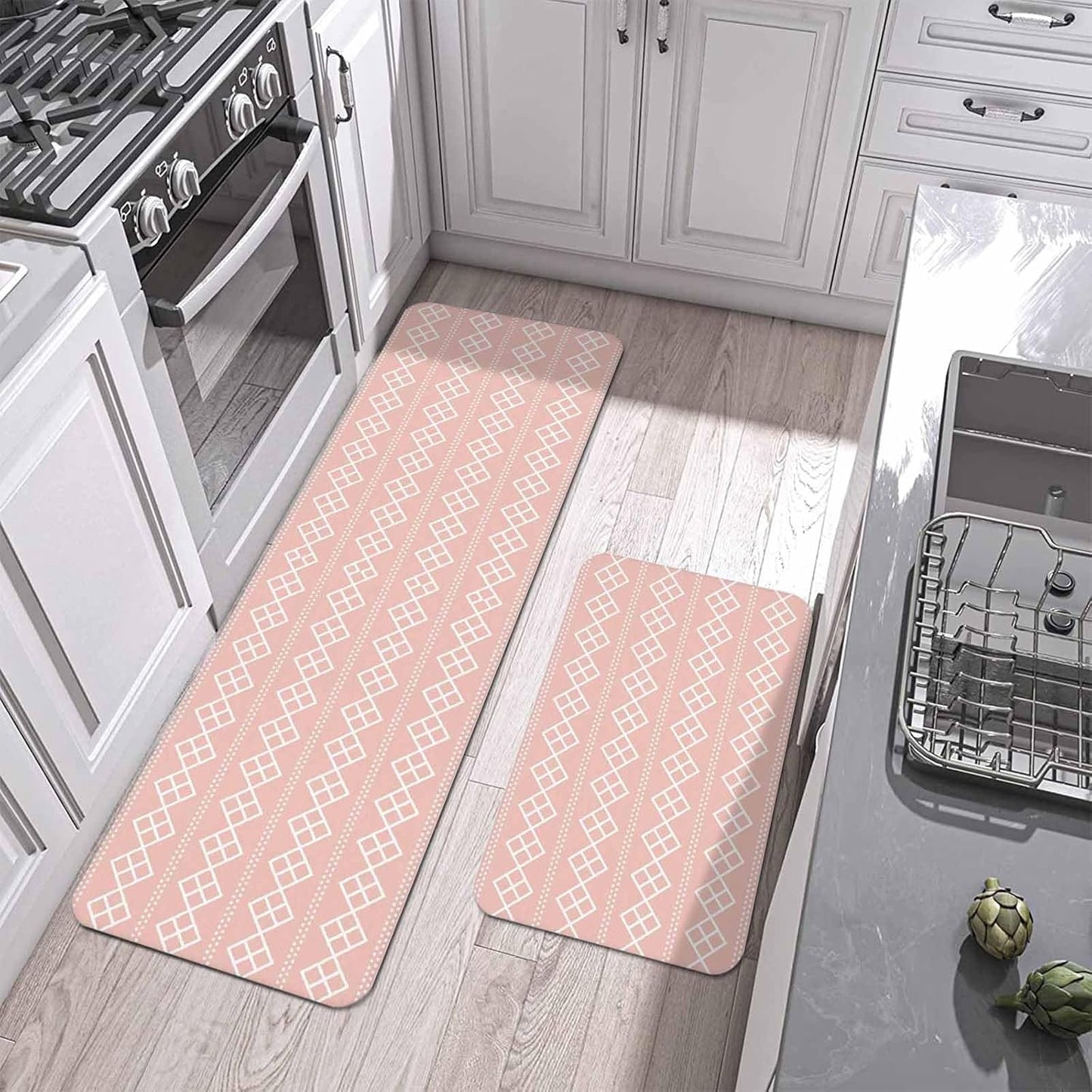 Peach Pink Checkered Kitchen Mat Set 2 Pieces Abstract White Geometric Argyle Stripe Non Slip Kitchen Rugs Washable Runner Rug Mats for Kitchen Sink Laundry Office (23.6" x 35.4"+23.6" x 70.9")