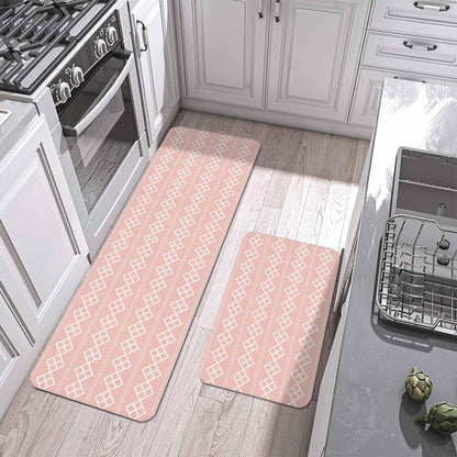 Peach Pink Checkered Kitchen Mat Set 2 Pieces Abstract White Geometric Argyle Stripe Non Slip Kitchen Rugs Washable Runner Rug Mats for Kitchen Sink Laundry Office (23.6" x 35.4"+23.6" x 70.9")